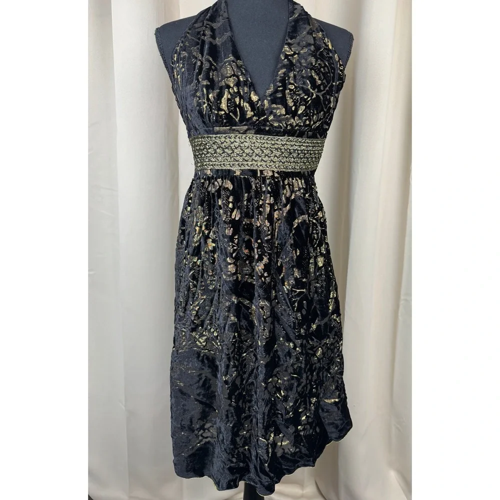 Vintage Y2K Cynthia Steffe Black Gold Burnout Velvet Silk Halter Whimsigoth 2 - Picture 1 of 8
